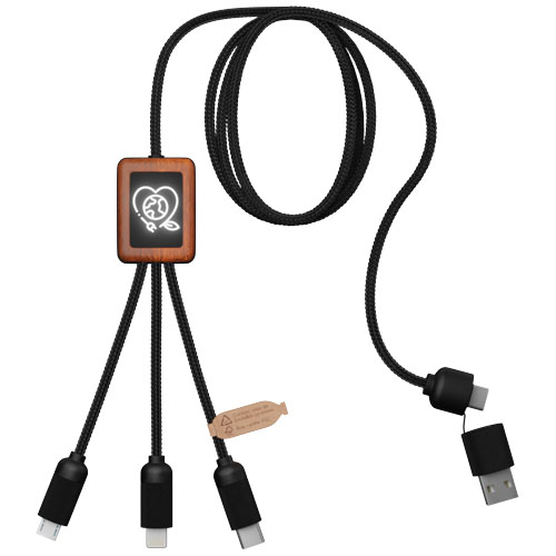 SCX.design C38 5-in-1 Ladekabel aus rPET in quadratischem Bambusgehäuse mit Leuchtlogo