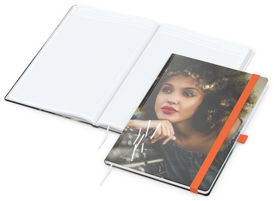 Notizbuch Match-Book White Bestseller, A4, Cover-Star, matt-individuell, orange