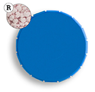 Super Mini Clic Clac Box 12 g Erdbeerdragees Herzform PMS Process Blue