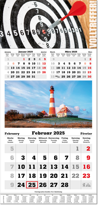 Drei-Monats-Kalender "Classic Bildplaner" im Format 30 x 63 cm, Datumsweiser umgelegt, mit Übersichtskalendarium auf der Fußleiste