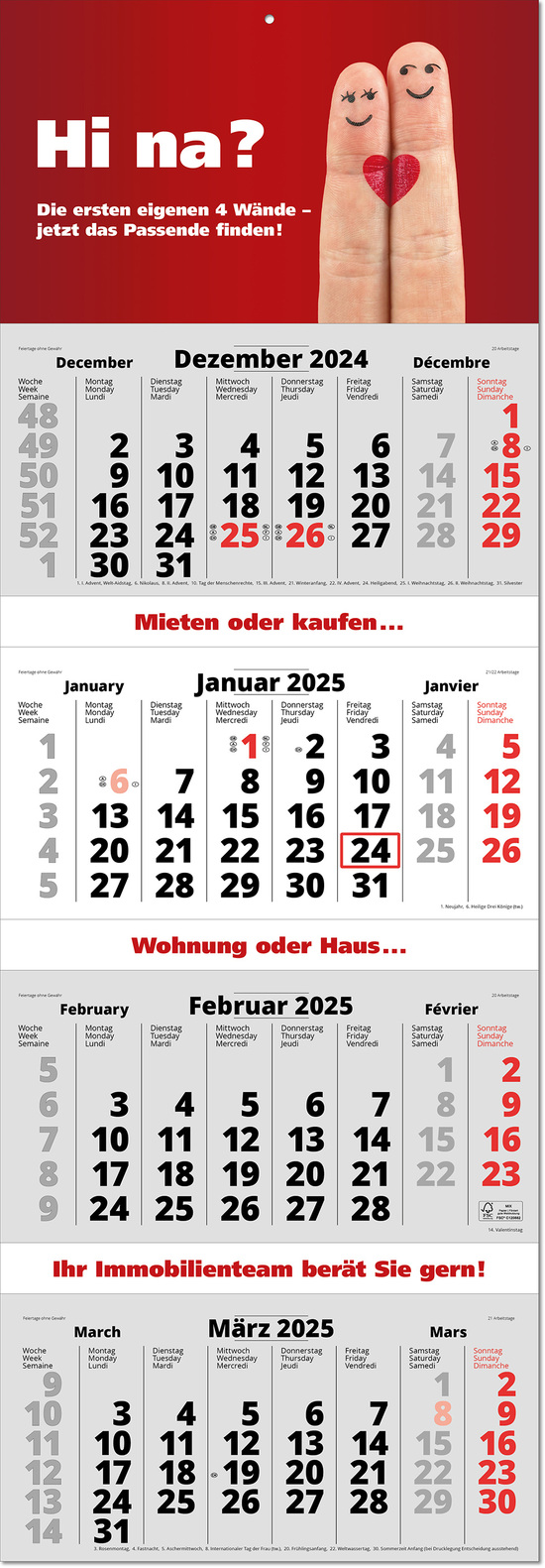 4-Monats-Planer "Quattro" mit deutschem Kalendarium, grau im Format 34 x 98,8 cm