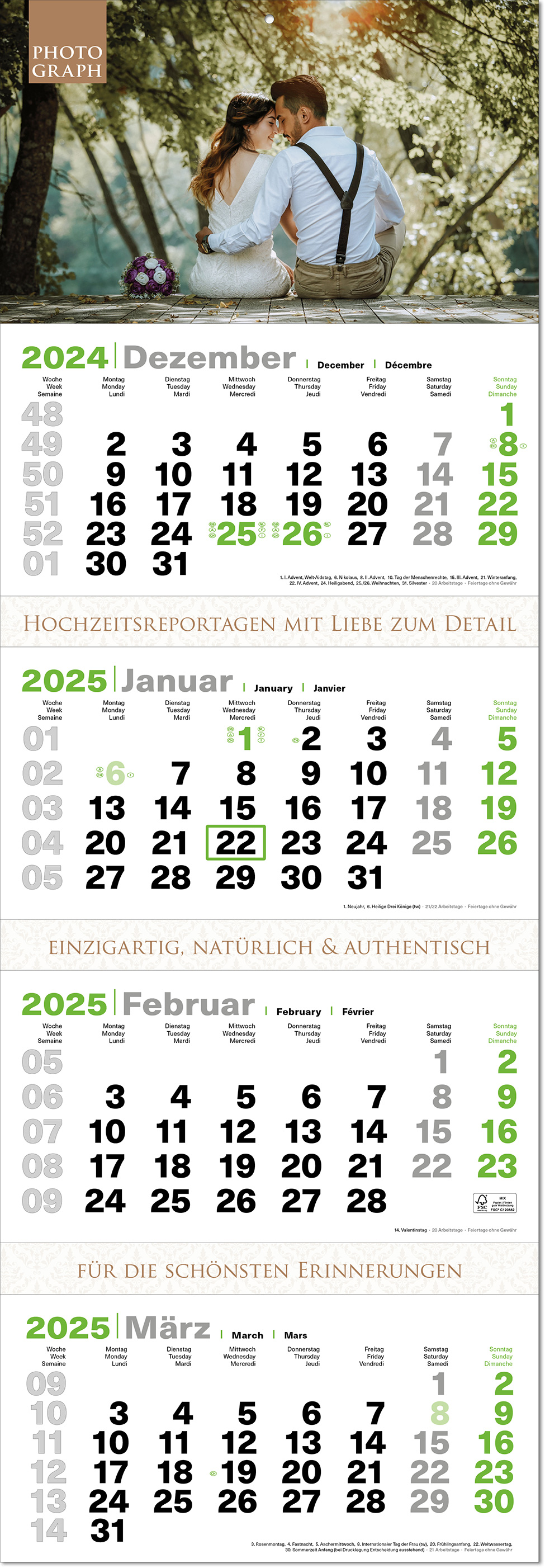 4-Monats-Kalender "Green4" mit deutsch-mehrsprachigem Kalendarium im Format 34 x 98,8 cm