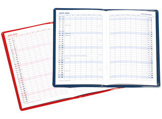 Taschenkalender "Status" im Format 9,5 x 16 cm, Kalendarium Grau/Blau, 32 Seiten gebunden + 16 Seiten ABC-Heft, eingesteckt in Slinky-Hülle schwarz