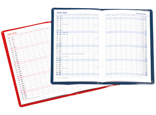 Taschenkalender "Status" im Format 9,5 x 16 cm, Kalendarium Grau/Rot, 32 Seiten gebunden + 16 Seiten ABC-Heft, eingesteckt in Slinky-Hülle mittelblau