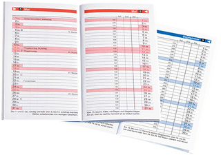 Taschenkalender "Typus" im Format 9,5 x 16 cm, Kalendarium Blau/Schwarz, 48 Seiten gebunden, eingesteckt in PVC-Hülle rot