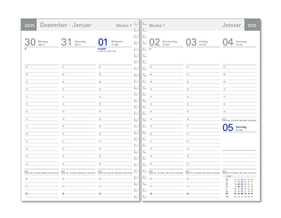 Wochentimer "Luxus" im Format 17 x 25 cm, deutsche Version, 128 Seiten, Wire-O-Bindung, ohne Eckenperforation, PP-Einband pink