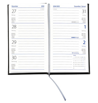 Taschenkalender "Klassik" im Format 8,7 x 15,3 cm, deutsches Kalendarium Grau/Blau mit Leseband, 128 Seiten Fadenheftung, Einband Balacron burgund