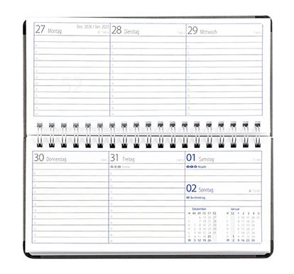 Taschenkalender "Horizontal" im Format 17 x 8 cm, deutsches Kalendarium Grau/Blau, 144 Seiten, Wire-O-Bindung, Eckenperforation, Deckelpaar Slinky dunkelblau