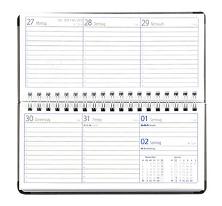 Taschenkalender "Horizontal" im Format 17 x 8 cm, deutsches Kalendarium Grau/Blau, 144 Seiten, Wire-O-Bindung, Eckenperforation, Deckelpaar Slinky mittelblau