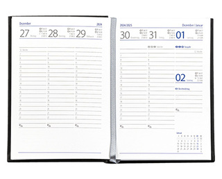 Taschenkalender "Taschenbuch Woche" im Format 10,5 x 14,8 cm, deutsches Kalendarium Grau/Blau mit Leseband, 144 Seiten Fadenheftung, Einband Balacron weiß