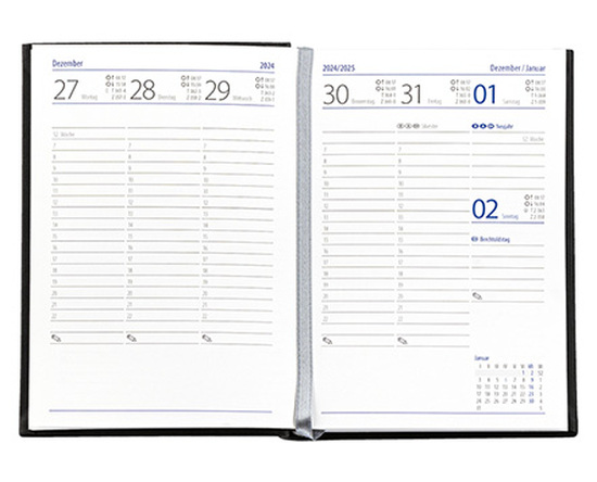 Taschenkalender "Taschenbuch Woche" im Format 10,5 x 14,8 cm, deutsches Kalendarium Grau/Blau mit Leseband, 144 Seiten Fadenheftung, Einband Fashion anthrazit