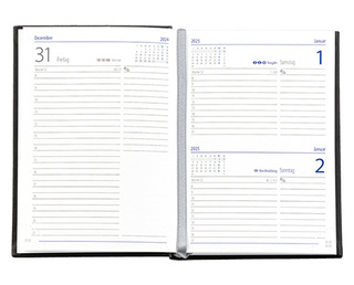 Taschenkalender "Taschenbuch Tag" im Format 10,5 x 14,8 cm, deutsches Kalendarium Grau/Blau mit Leseband, 352 Seiten Fadenheftung, Eckenperforation, Einband Slinky rot