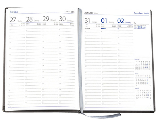 Wochenkalender "Klassik D" im Format 14,5 x 20,5 cm, deutsches Kalendarium Grau/Blau mit Leseband, 144 Seiten Fadenheftung, Eckenperforation, Einband Fashion anthrazit