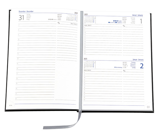 Buchkalender "Trend Chefkalender INT" im Format 14,5 x 20,5 cm, Kalendarium 4-sprachig D/F/I/GB Grau/Blau mit Leseband, 352 Seiten Fadenheftung, Eckenperforation, Einband Magic anthrazit