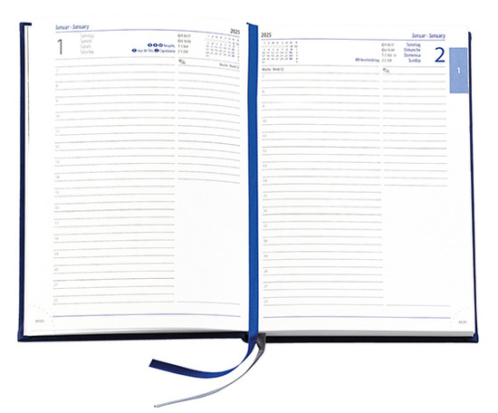 Buchkalender "Daily Chefkalender INT" im Format 14,5 x 20,5 cm, Kalendarium 4-sprachig D/F/I/GB Grau/Blau mit 2 Lesebändern, 416 Seiten Fadenheftung, Eckenperforation, Einband Balacron dunkelblau