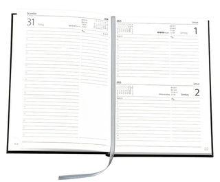 Buchkalender "Basic Chefkalender" im Format 14,5 x 20,5 cm, deutsches Kalendarium Grau mit Leseband, 320 Seiten Fadenheftung, Eckenperforation, Einband Balacron weiß