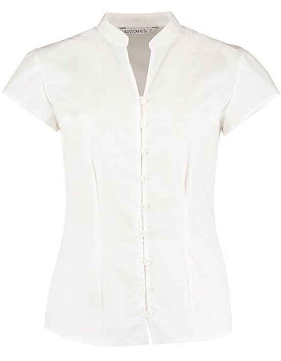 Tailored Fit Poplin Contintental Blouse Mandarin Collar Cap Sleeve